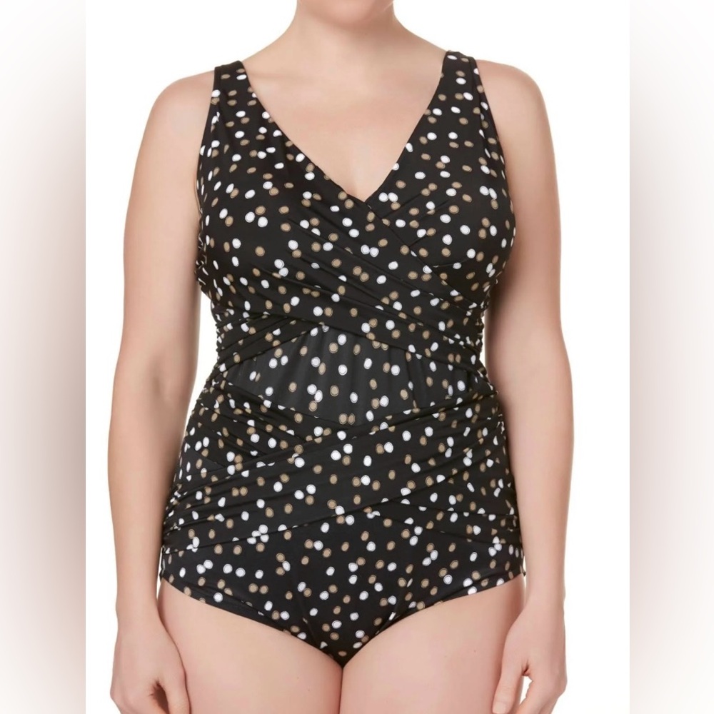 TRIMSHAPER Swimsuit One Piece Womens Size 26 Black Polka Dot Ruched Slimming New
